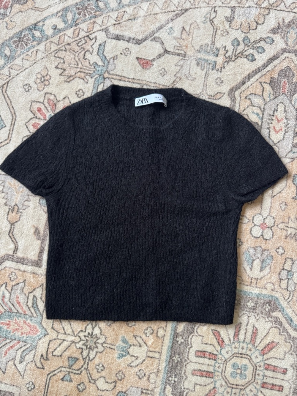 ZARA Black Short-Sleeve Crew Knit Top